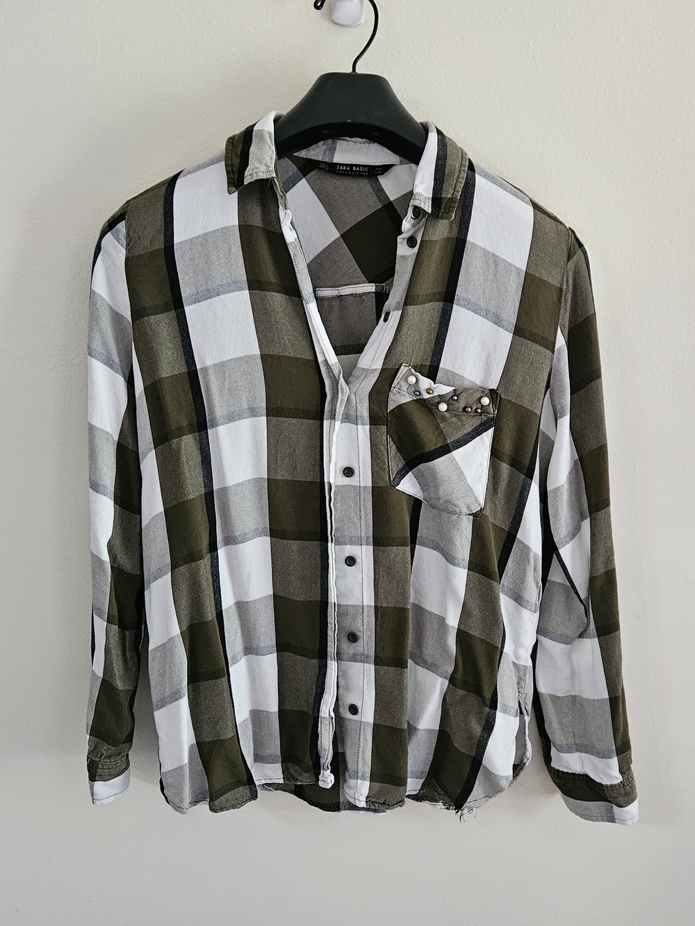 Zara Olive Green and White Plaid Button-Down Shirt
